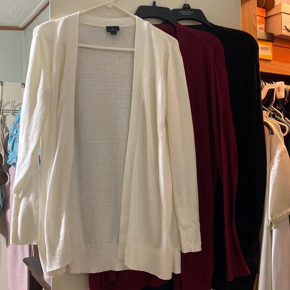 3 long sleeve cardigan sweaters. Size large. Black, maroon and ivory